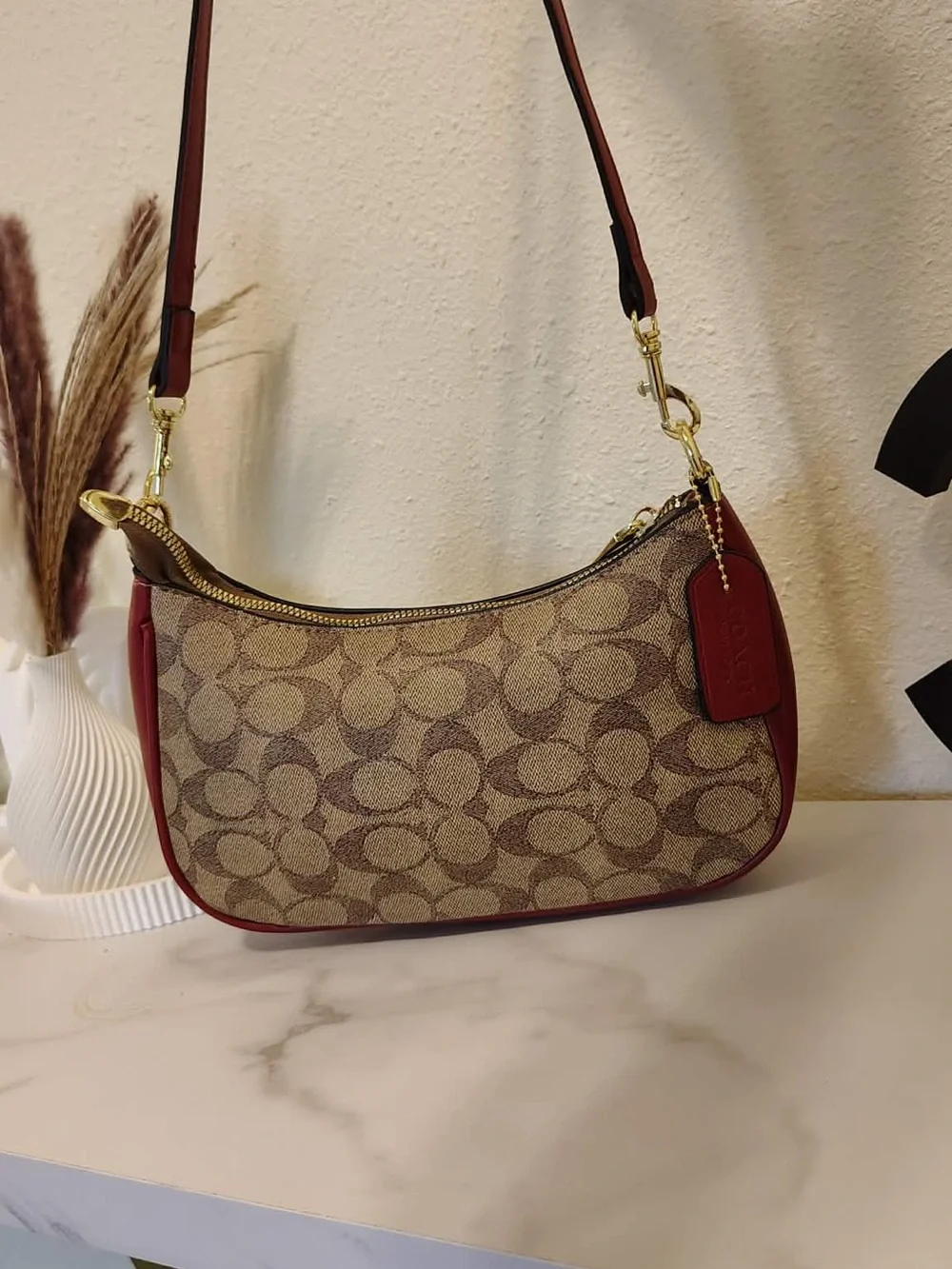 Coach Cherry-Print Signature Canvas Shoulder Bag in Brown/Red/Pink